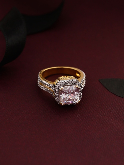 

Tistabene Gold-Toned & White AD-Studded Contemporary Solitaire Finger Ring