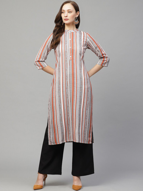 

ZIYAA Women Beige & Orange Striped Straight Kurta