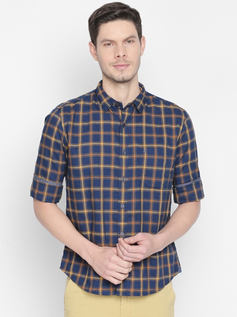 

Basics Men Yellow & Blue Slim Fit Checked Casual Shirt