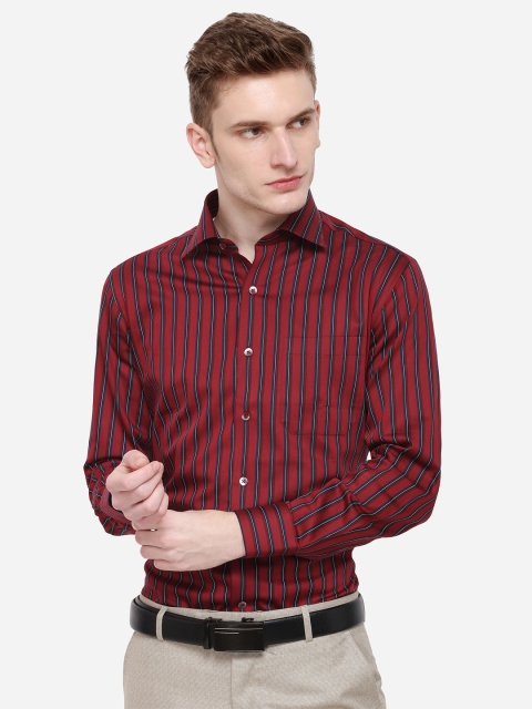 

METAL Men Maroon & Navy Blue Slim Fit Striped Formal Shirt