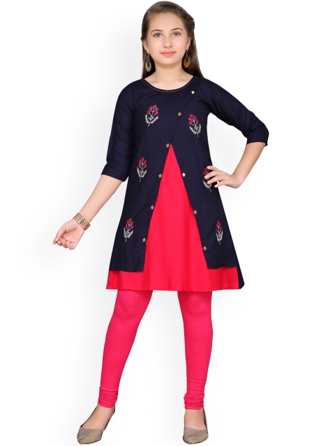 

Aarika Girls Navy Blue & Pink Embroidered Kurti with Churidar
