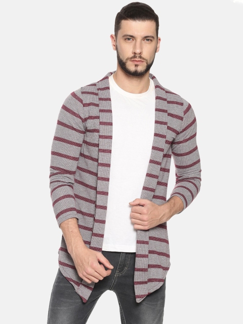 

SHOWOFF Men Grey & Maroon Striped Open Front Shrug
