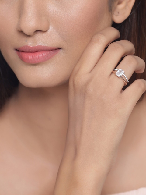 

Tistabene Rose Gold-Plated & White AD-Studded Split Shank Baguette Solitaire Ring