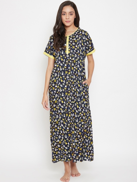 

The Kaftan Company Navy Blue & Yellow Floral Printed Nightdress