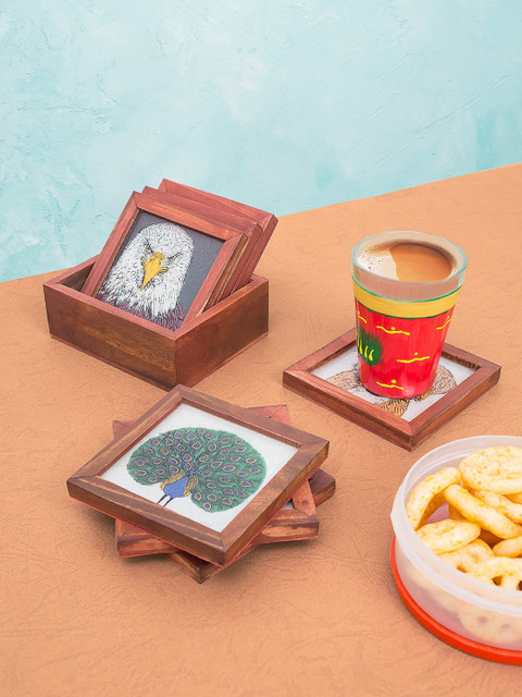 

Golden Peacock Set Of 7 Wooden Coasters, Brown