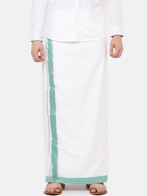 

RAMRAJ COTTON Men White Solid Panchami Grand Dhoti With Sea Green Border