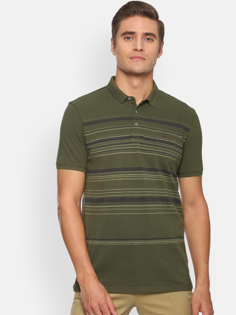 

Louis Philippe Jeans Men Green Striped Mandarin Collar Pure Cotton T-shirt