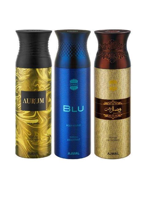 

Ajmal Unisex Pack of 3 Aurum Blu & Wisal Dhahab Deodorant Body Spray 200ML each, Multi
