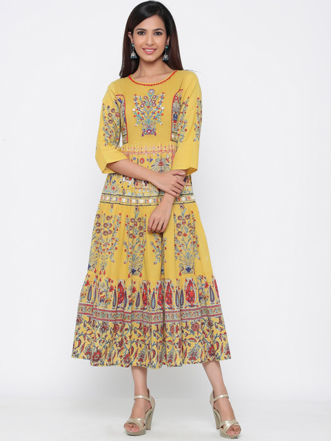 

Juniper Women Mustard Yellow Printed A-Line Dress