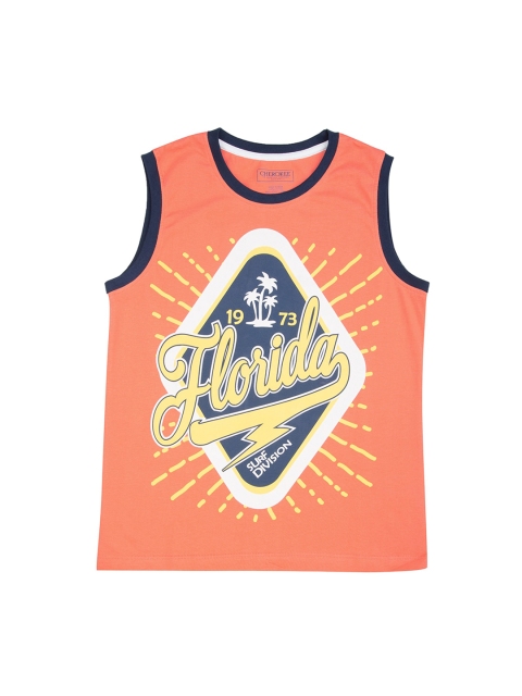 

Cherokee Boys Peach-Coloured & Blue Printed Round Neck T-shirt