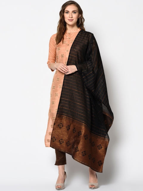 

DIVASTRI Peach-Coloured & Brown Silk Blend Unstitched Dress Material