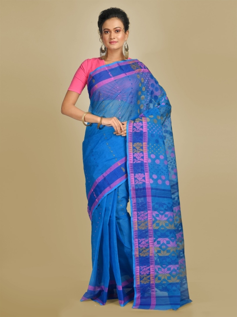 

Mitera Blue Pure Cotton Printed Handloom Taant Saree