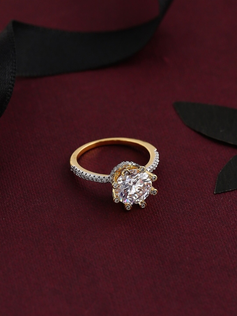 

Tistabene Gold-Plated & White AD & CZ Studded Eight Prong Finger Ring