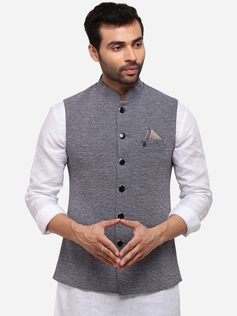 

Greenfibre Men Grey & White Self-Design Nehru Jacket