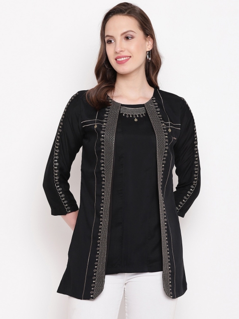 

Kvsfab Women Black Embroidered A-Line Kurti