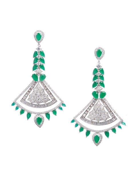 

shaze Rhodium-Plated & Green Classic Drop Earrings, Silver