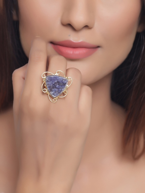 

Tistabene Gold-Plated Blue Raw Stone-Studded Handcrafted Cocktail Finger Ring