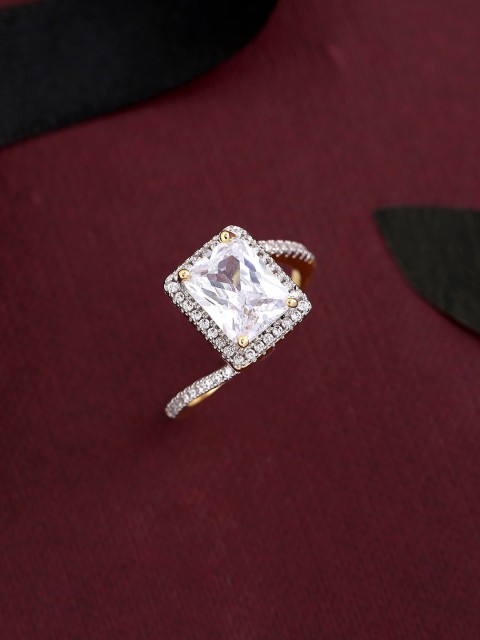 

Tistabene Gold-Toned & White AD-Studded Big Emerald Cut Solitaire Finger Ring