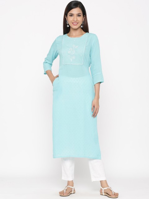 

Jaipur Kurti Women Turquoise Blue & White Embroidered Straight Kurta