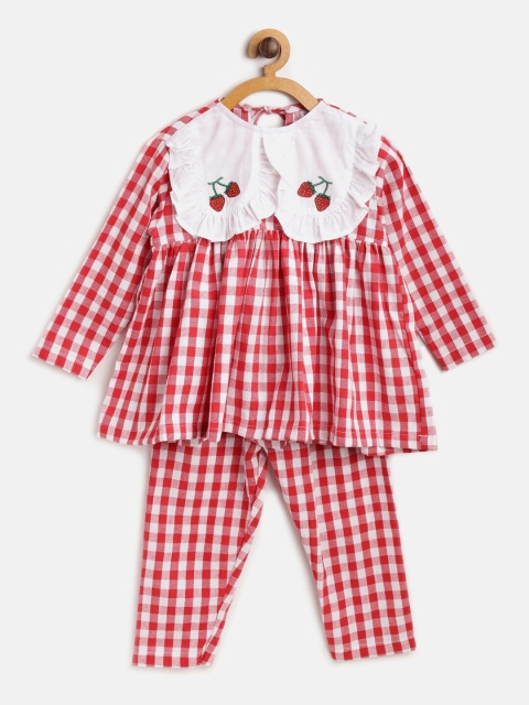 

YK Unisex Kids Red & White Checked Night suit