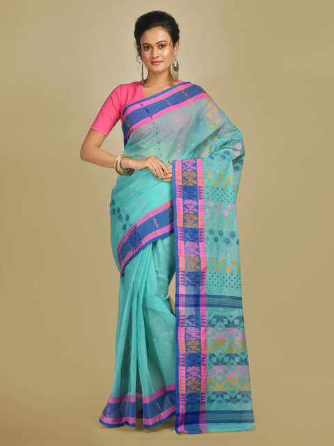 

Mitera Sea Green Pure Cotton Handloom Printed Taant Saree