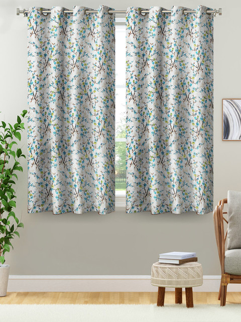 

Aura Blue & Brown Set of 2 Floral Printed Room Darkening Window Curtains