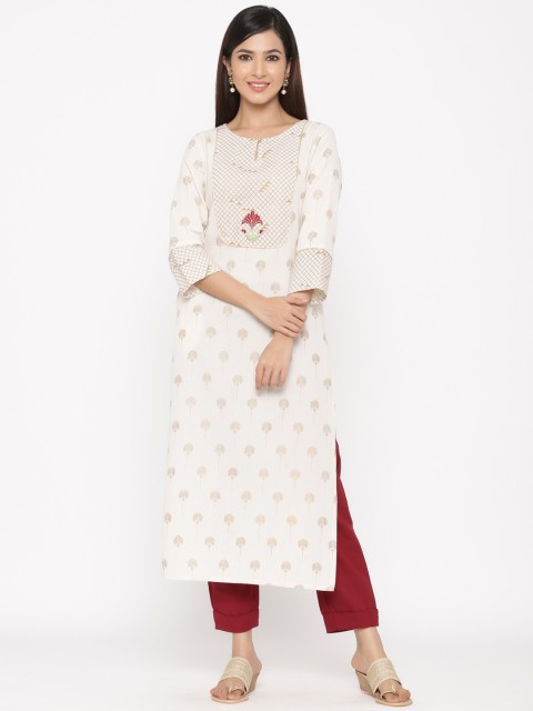 

Jaipur Kurti Women Off-White & Maroon Printed Kurta with Trousers