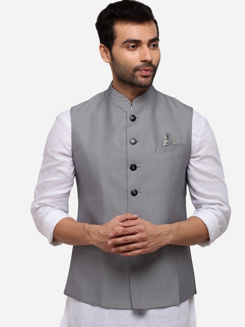 

Greenfibre Men Grey & White Self-Design Nehru Jacket