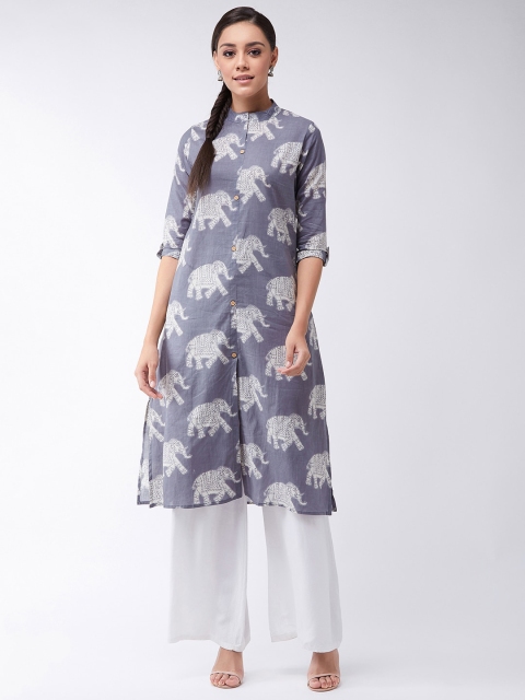 

InWeave Women Grey & Off-White Printed A-Line Kurta