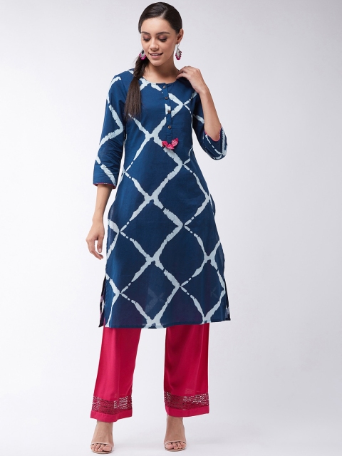 InWeave Women Navy Blue & Off-White Printed Straight Kurta