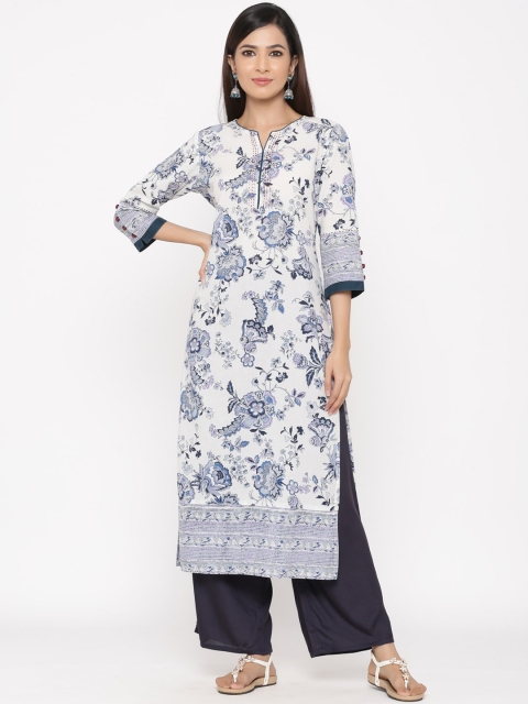 

Jaipur Kurti Women White & Navy Blue Floral Printed Kurta with Palazzos