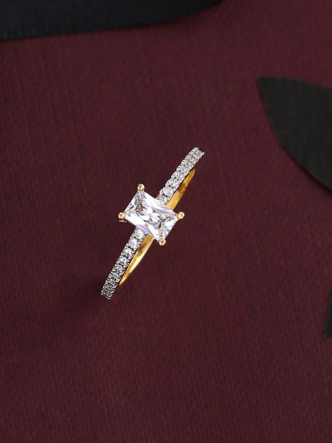 

Tistabene Gold-Plated & White AD & CZ Studded Solitaire Finger Ring