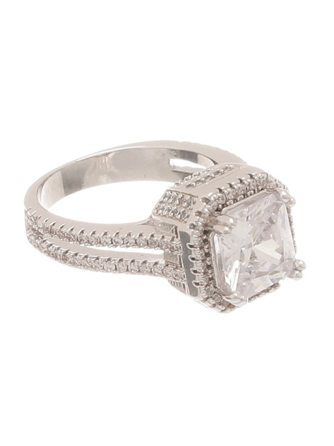 

Tistabene Silver-Toned & White AD-Studded Solitaire Finger Ring