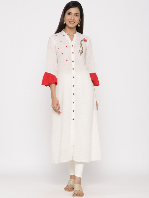 

Jaipur Kurti Women Off-White & Red Floral Embroidered A-Line Kurta