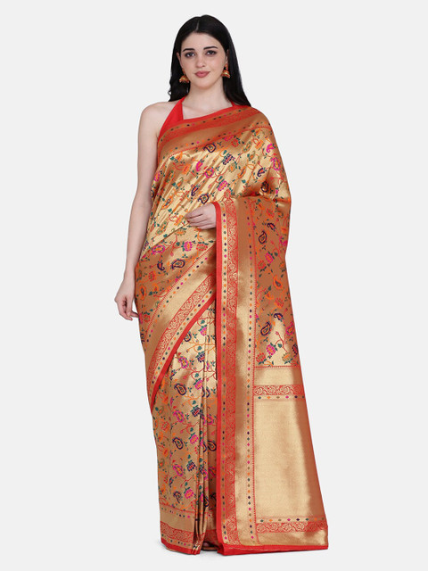 

BOMBAY SELECTIONS Red & Gold-Toned Silk Blend Handloom Printed Banarasi Saree