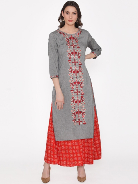 

Kifahari Women Grey & Red Embroidered Kurta with Skirt & Dupatta