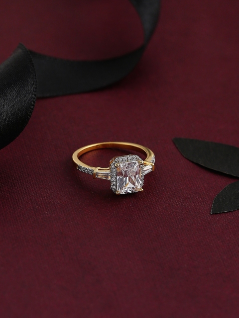 

Tistabene Gold-Toned & White AD & CZ-Studded Royal Emerald Shaped Solitaire Finger Ring