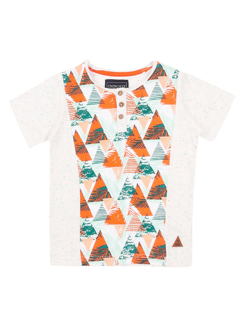 

Cherokee Boys White & Orange Printed Henley Neck T-shirt