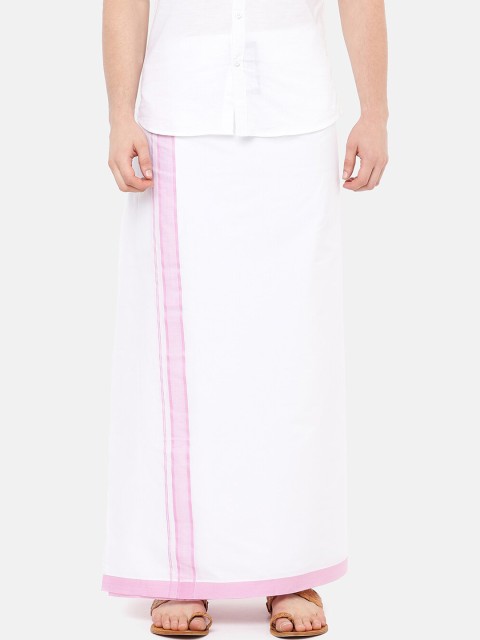 

RAMRAJ COTTON Men White Solid Aaral Dhoti With Pink Border