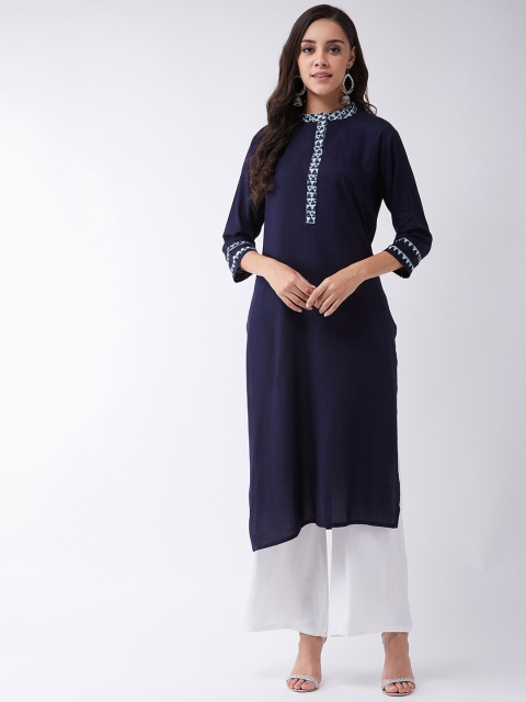 InWeave Women Navy Blue Solid Kantha Patti Straight Kurta