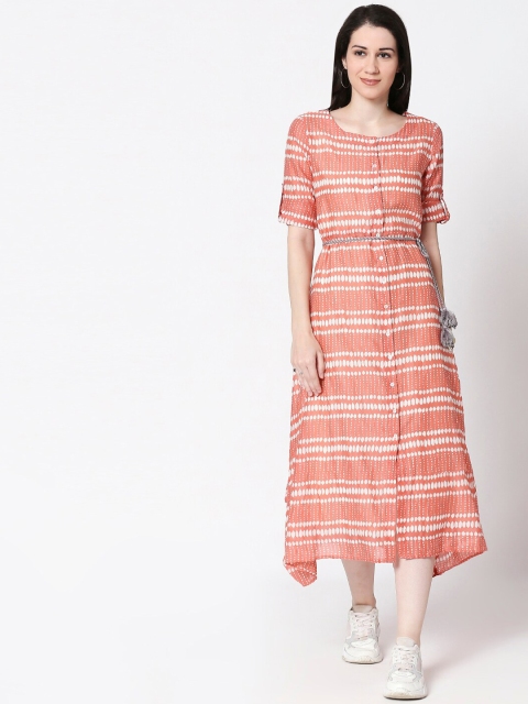 

TERQUOIS Women Peach-Coloured & White Printed A-Line Dress