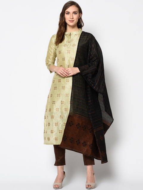

DIVASTRI Green & Brown Silk Blend Unstitched Dress Material