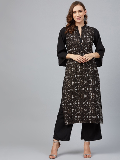 

ZIYAA Women Black Foil Printed Straight Kurta