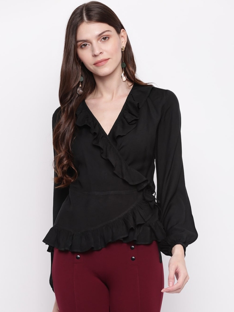 

Mayra Women Black Solid Ruffle Wrap Top