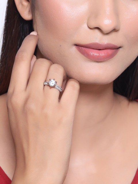 

Tistabene Rose Gold-Plated & White AD-Studded Classic Solitaire Finger Ring
