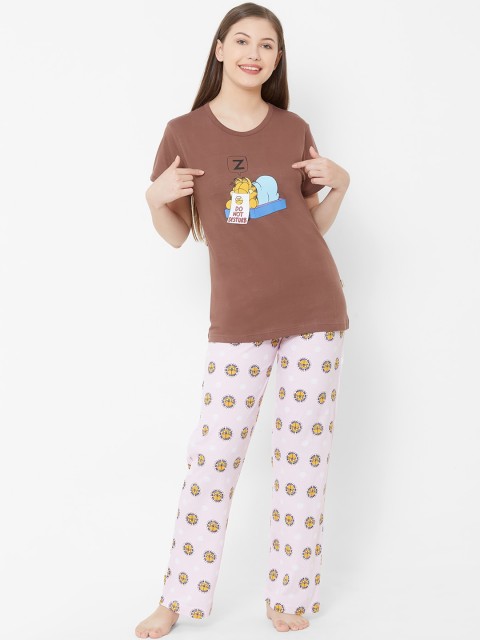 

Velvet by night Women Brown & Pink Garfield Printed Night suit