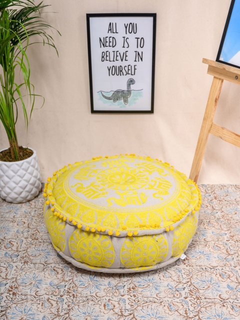 

Tistabene Beige & Yellow Elephant Embroided Round Pouf