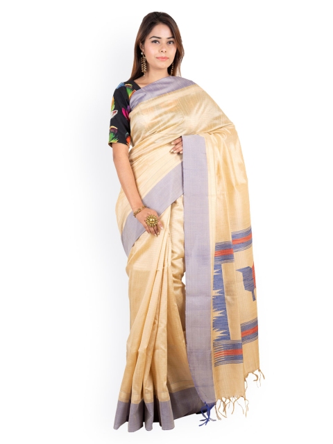 

Tribes India Gold & Lavender Silk Cotton Striped Saree