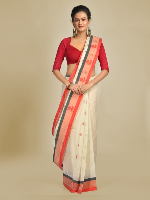 

Mitera Off-White & Orange Pure Cotton Woven Design Handloom Taant Saree