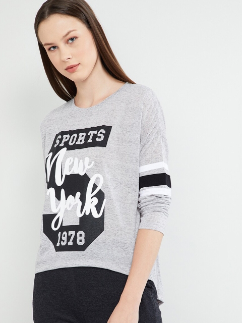 

max Women Grey Melange Printed Round Neck T-shirt
